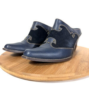 Navy Blue Suede Mules Boot Style Clogs Women’s Size 8 Western Heel Slip On Studs